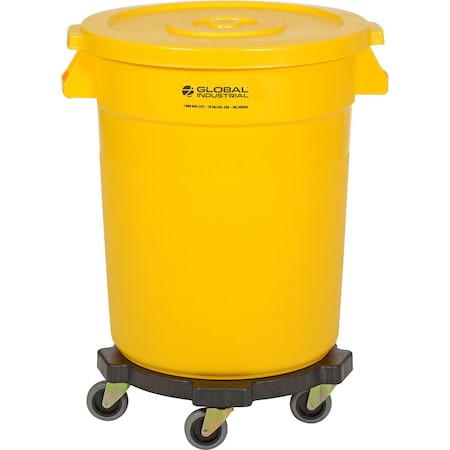 Global Industrial Plastic Trash Can with Lid & Dolly, 20 Gallon Yellow 240458YLB
